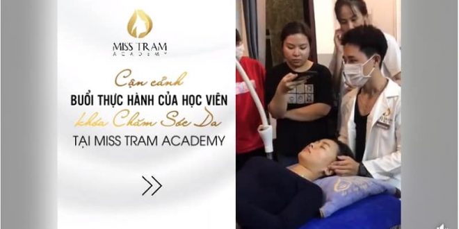 close-up of the practice session of the students of the skin care course at Miss Tram Academy